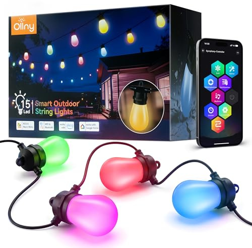 Ollny Lichterkette Außen 15M, RGBW S14 LED Lichterketten Outdoor Strom Dimmbar, 90+ Szenenmodi, App-Steuerung, Funktioniert mit Alexa, Google Assistant,IP65 Gartenbeleuchtung für Garten Party Terrasse