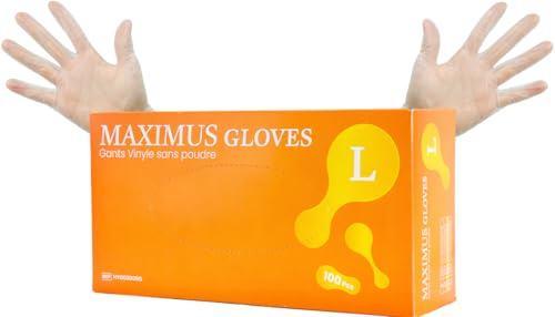 MAXIMUS Gants d'examen en Vinyle Transparent - Usage Multiple, non poudré, sans Latex (200, L)
