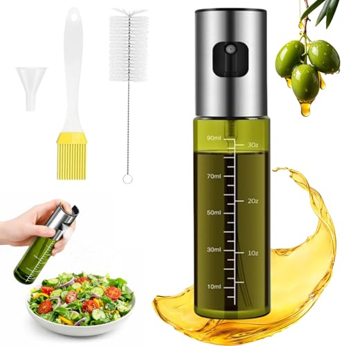 Quvxzy UV-Schutz Ölsprüher aus Grünglas, BPA Frei Öl Sprühflasche für Küche & Heißluftfritteuse, Öl Sprühflasche mit Skala und Messbecher, 100ml Kochend Ölspender