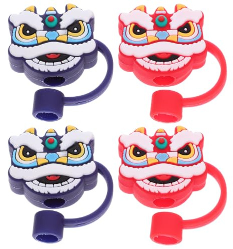 Operitacx Tapones de Paja Reutilizables Diseño de León Chino, 4 Piezas de Pvc Cómodas al Tacto para Fiestas y Ceremonias