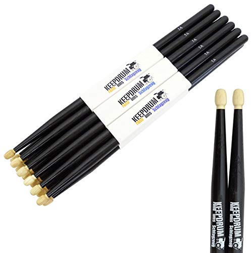 keepdrum 5A Black Hickory Drumsticks Schlagzeug-Stöcke Schwarz 6 Paar