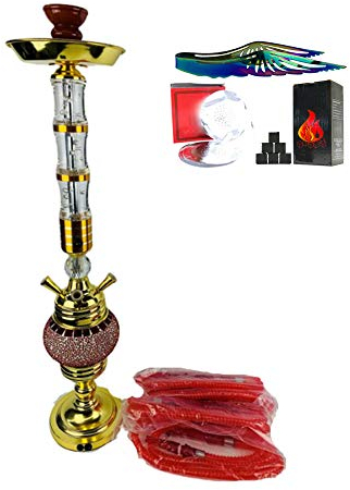 Juego Completo de Cachimba Cristal Hookah con 4 Mangueras Y 1 Tazón Kit de Inicio de Hookah Viene con Clip de Carbón Y Lámina de Aislamiento Térmico Gratis Tubo Individual,Rojo