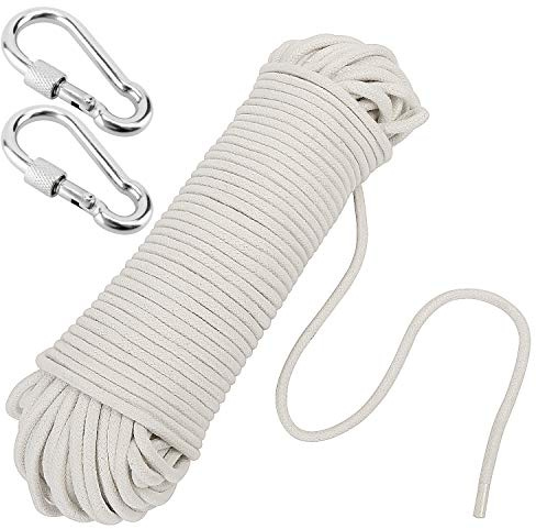 KEILEOHO 328 FT 1/4 Inch White Cotton Rope, Clothesline Rope, Craft Knitting Dream Catcher Rope, Clothesline for DIY Rope Basket Bowl Mat Candle Replacement Wick, with 2 Stainless Steel Hooks