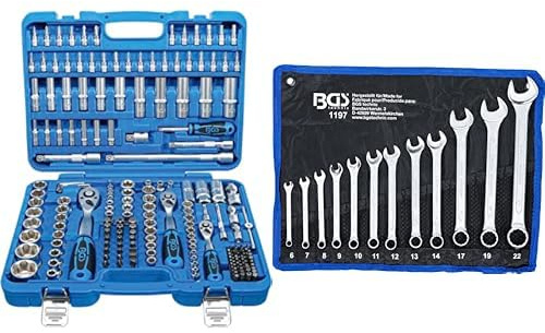 BGS 2292 | Steckschlüssel-Satz Wellenprofil | 192-tlg | inkl. Koffer + BGS 1197 | Maul-Ringschlüssel-Satz | 12-tlg | SW 6 - 22 mm | inkl. Tetron-Rolltasche | Gabelringschlüssel