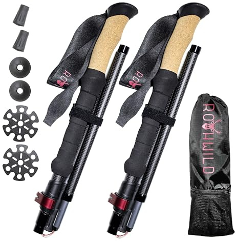 Rothwild Wanderstöcke faltbar – Carbon Trekkingstöcke Ultraleicht mit Korkgriff – Modell Platzhirsch – verstellbare Länge 115-135cm für Damen & Herren – inkl. Tasche