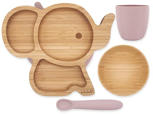 Entwöhnungs-Set aus Bambus und Silikon ~ Elefanten-Saugnapfteller, Bambusschale plus Silikonbecher und Löffel (Rosa)
