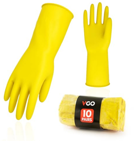 Vgo... 10paire gants de menage de vaisselle, gants de cuisine de nettoyage réutilisables en caoutchouc, extra épais, manches longues(HH4601,7/S,Jaune,10Paires)
