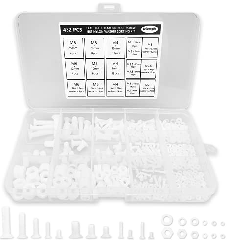 432 St ck Flachkopf-Sechskantschrauben Muttern Nylon Unterlegscheiben Sortierset mit einer Kunststoff-Box M2 M2.5 M3 M4 M5 M6 (wei)