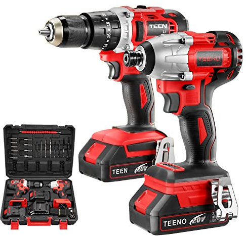 TEENO Taladro atornillador de impacto inalámbrico 100 Nm, 2 baterías de 2,0 A, 1 cargador, 25 accesorios, 2 herramientas