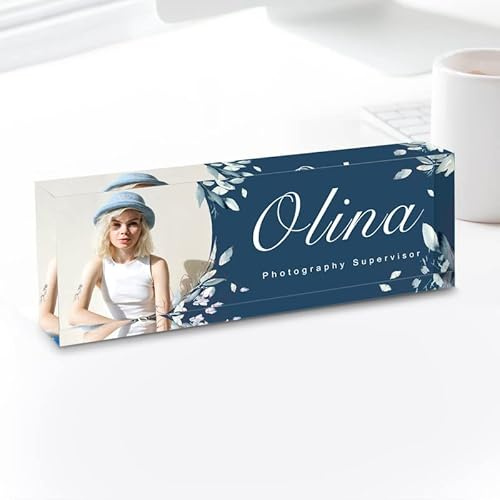 Fanery Sue Personalisierte Acryl Namensschild Schreibtisch, mit Bild/Name & Funktionstitel, individuell gestaltet, Bürodeko für Männer & Frauen, Maße: 20,32 x 6,4 x 3,05 cm(Bild&Text-Stil 1）