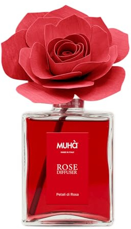 MUHA' | Duftdiffusor für Räume Rosa Diffuser, Duft Petali di Rosa, Raumduftdiffusor mit Rose aus Birkenholz, 200 ml Format.