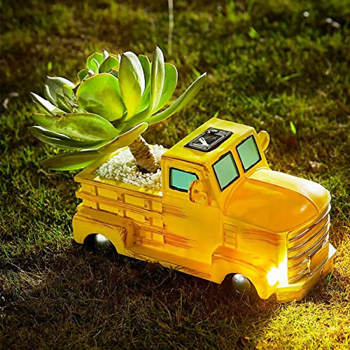 Truck Garden Pot Plant Planter & Vase with Solar Powered Lights Pickup Farm Car - Large, 6.23 H X 11.8 L - Colorful Planter, Indoor Plants, Succulents & Flowers House Decor Indoor & Outdoor - Gift