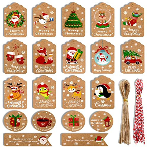 Etichette Natalizie Kraft 100 Pezzi Etichette Regalo Natale Appese con Filo di Cotone e Filo di Spago per Decorazione Albero di Natale di Confezioni Regalo