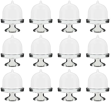 Spldsun 12 Piezas Mini Soporte Tartas, Campana Pastel Pequeña, Mini Soporte Pastel, Soporte Dulces con Cubierta Domo, para Chocolate, Queso, Macarrones Coco, Bolasde Ron (Plata)