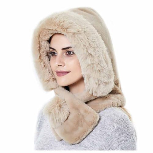 SHTGOI Kunstfell Kapuzenschal 2 in 1 Wintermütze Schal Set Pelzmütze und Loop Schal mit Plüschkugeln Winddicht Ohrenklappen mit Ohrschal Thermal Schalmütze für Damen Cycling Skifahren Beige