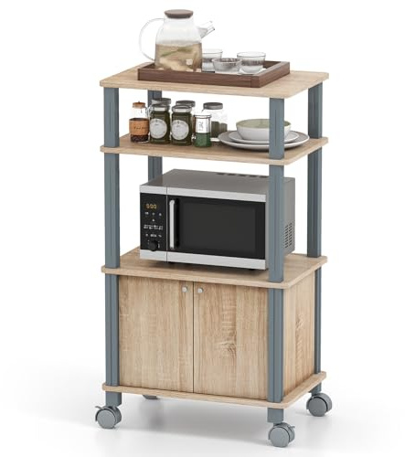 KOMFOTTEU Carrello da Cucina a 3 Livelli per Microonde, Carrello Portaoggetti con Ruote e Armadio con Porta, Carrello di Servizio in Legno, Organizer per Sala da Pranzo, 60 x 40 x 98 cm (Naturale)
