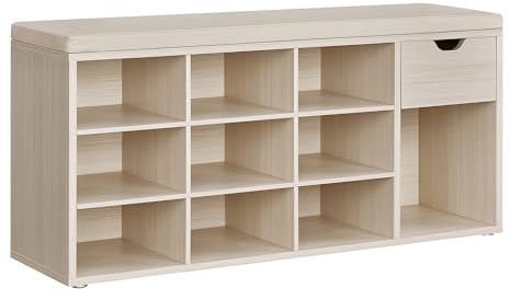 VASAGLE Schuhbank mit Schublade, gepolsterter Sitz, 30 x 104 x 48 cm | Schuhregal, Sitzbank und offenen Fächern, Naturbeige und Cappuccino-Beige, CUSTOS Kollektion LHS024K03