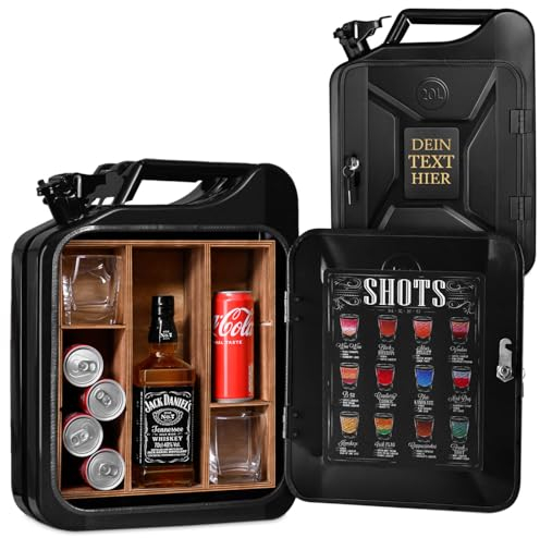 Maverton 20L Kanister Mini Bar mit Gravur - Jerrycan schwarzer Metall Mobile Bar - Geburtstagsgeschenk für Männer personalisierte Geschenke für Männer - Abschließbarer Minibar - Größe: 36x47x18cm