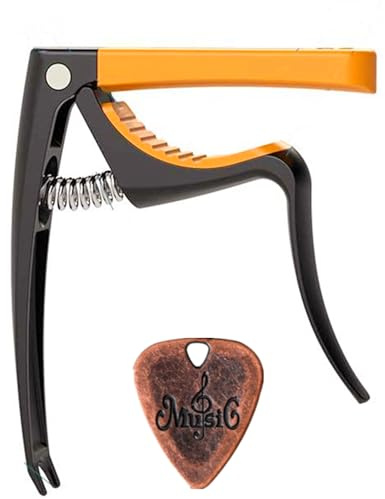 AUPHY Guitar Capo with 3 Interchangeable Pads for Different Fingerboard Curves - Fits Acoustic/Electric/Classical Guitars & Ukulele Mandolin, etc. Include A Metal Pick (Black-orange）