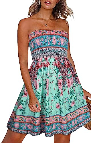 Gosunny Abito estivo da donna, senza maniche, per il tempo libero, elegante, da spiaggia, bikini corto, Verde Rosa Boho, S