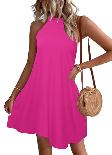 WNEEDU Vestidos de Verano de Las señoras Vestidos Cortos de Playa Halter sin Mangas A-Line Vestidos con Bolsillos Rose XXL