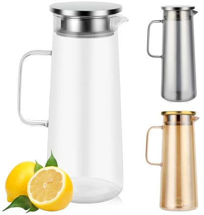 Auauraintt Jarra de Vidrio con Tapa, 1,5 L Jarras Agua Cristal,con Tapa de Acero Inoxidable, Vidrio de borosilicato Resistente al Calor, para Limonada, Agua, té y Zumos (Transparente)