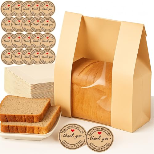 50 bolsas de papel grandes para pan casero, bolsas de panadería de papel kraft con ventana transparente, incluye etiquetas adhesivas de sellado, bolsa de regalo de pan horneado, calcomanías de sello