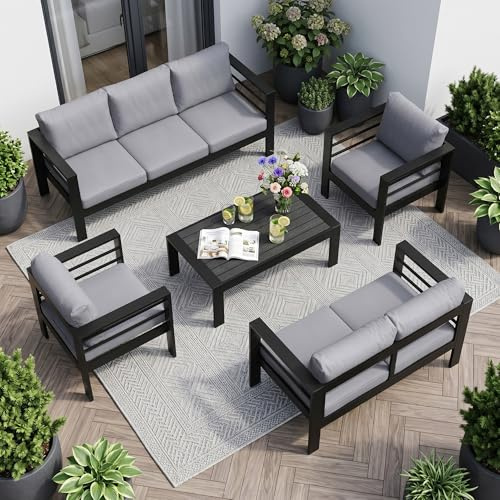 LANOX Gartenlounge Outdoor – Aluminium Gartenmöbel Set Lounge mit WPC Tisch, Modulare Lounge Gartenmöbel für Terrasse, Balkon & Wintergarten, Schwarz