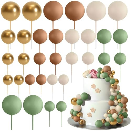 Ledeak 32 Piezas Bolas Decoración para Tartas, Adornos de Bolas para Pasteles Espuma Decoración, Topper Cake Bola Decoración de Inserción de Pastel para Cumpleaños Bodas (Verde, Marrón, Caqui, Dorado)