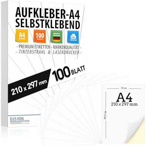 100 selbstklebende DIN A4 Etiketten Aufkleber, 210x297 mm, universell bedruckbar, matte weiße Oberfläche, kompatibel mit Inkjet- und Laserdruckern, Sticker für viele Anwendungen - AUS DEUTSCHLAND