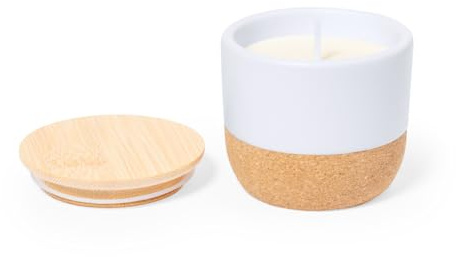 Duftkerze aus Leinen im Keramikglas mit natürlichem Korkboden und Bambusdeckel.
