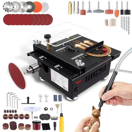 ZUSKYZU Mini sega circolare da tavolo, 100 W, multifunzione, portatile, di precisione, fai da te, in miniatura, con 4 lame, 7 velocità regolabile, per artigianato in legno fatto a mano