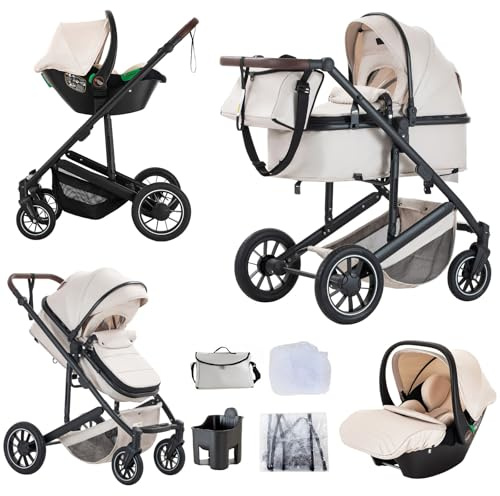 Lnhcrbs Kinderwagen 3 in 1,Beige - Baby Born Kinderwagen Und Autositz Set | Buggy Pram mit Verstellbarem Griff, Schlafkorb&Tragetasche mit Fußabdeckung, Baumwollpolster,Moskitonetz, Regenschutz