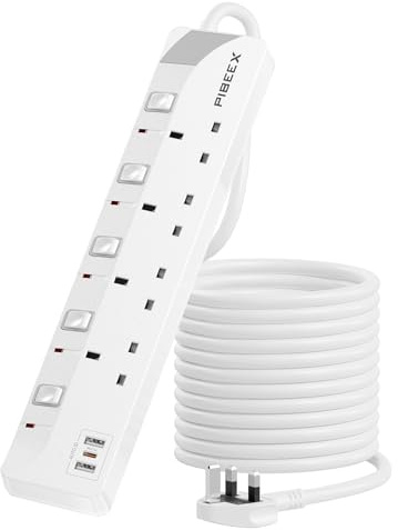 5M Extension Lead with PD 20W USB C, 4 Way Multi Plug Extension Cable with 3 USB Ports, 13A Fused UK Plug, Long Power Cord with Fast Charging USB C, Individual Switches for Home Office Bedroom