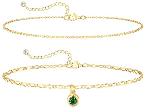 Diamond Anklets Bracelets for Women 14K Gold Plated Emerald Birthstone Mothers May Dainty Green Cubic Zirconia anklets Birthday Beath Gifts Jewelry