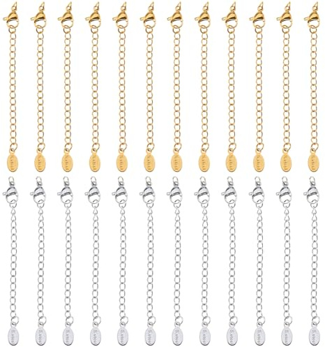 DICOSMETIC 24 pièces 2 Couleurs Bracelet Extender en Vrac Longue Chaîne D'Extension en Acier Inoxydable avec Fermoir Homard Chaîne à Maillons et Chaîne Métallique avec Goutte d'eau