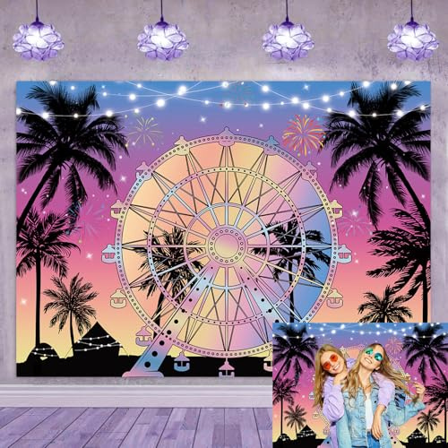 Toile de fond d'été pour photographie de grande roue tropicale, bord de mer, palmier, coucher de soleil, silhouette, fond hawaïen, plage, été, décorations de fête d'anniversaire, toile de fond (213,4