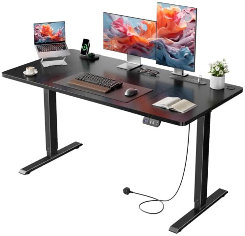 Precision Synergie Electric Standing Desk, Power Outlets, 2 Memory Buttons | 120 x 60 cm Home Office Desk, Height Adjustable Sit Stand Table, 72-117 cm, Equipped with 3 USB Ports & Cable Hole, Black