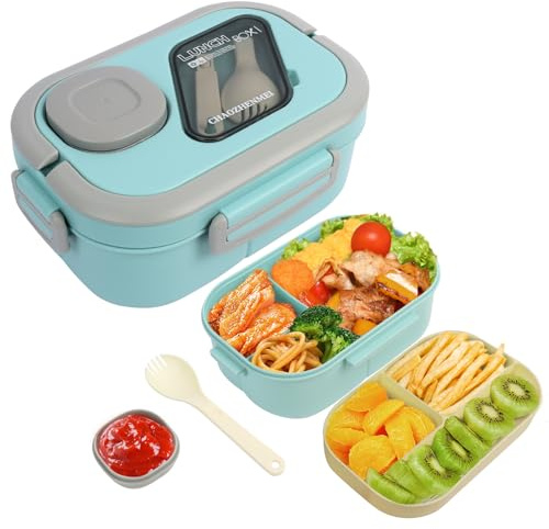 Minicoco Bento Lunch Box 1200ML Leak-Proof Stackable Container with 6 Compartments & Built-in Spork + Sauce Pot，Microwave & Dishwasher Safe for Adults, Kids, Work, School(Blue)