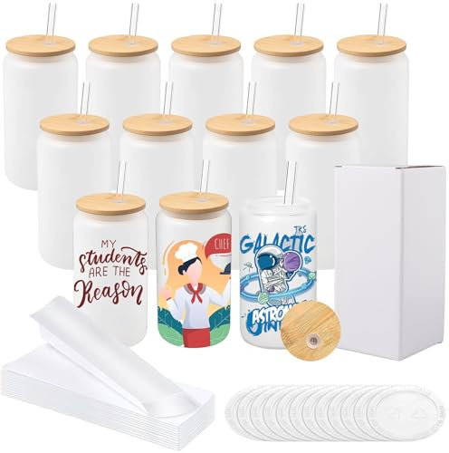 YFNVH 12 Sublimation Rohlinge 500 ml, Glas mit Deckel und Strohhalm
