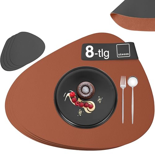 SÄNGER Untersetzer & Platzsets abwaschbar aus Kunstleder 8 teilig | Tischuntersetzer für 4 Personen-rutschfest doppelseitig wasserdicht-Tischset Untersetzer Anthrazit Braun 44 * 37cm