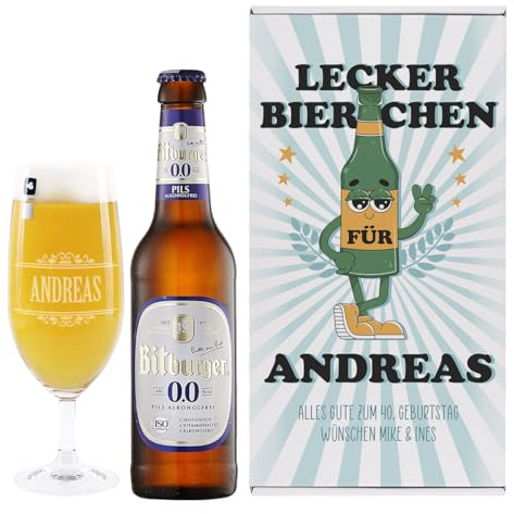 Herz & Heim® Personalisiertes Geschenkset für Männer Lecker Bierchen mit graviertem Glas und einer Flasche Bier - Geschenk für Vatertag oder Geburtstag (1 Flasche, Bitburger 0,0 alkoholfrei)