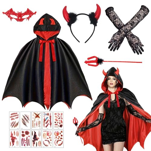Betensh Costume Halloween Donna,Costume Diavolo Donna,Halloween Costume,Mantello Nero con Cappuccio,Vestito Halloween,Adatto per i Costumi di Halloween.