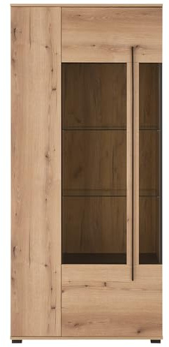 Lomadox Vitrinenschrank 90 cm breit Vitrine Wohnzimmerschrank in Eiche mit 2 Türen und 2 Glaseinlegeböden