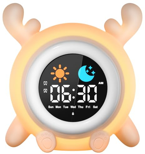 YISSVIC Sveglia Bambino Educativo Giorno Notte 2 Allarme 12/24 Ora Snooze Luminosità dello Schermo Regolabile Sveglia Luminosa 7 Colori 10 Canzoni Spegnimento Automatico a Forma di Renna