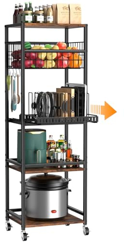 Housolution 5 Tier Kitchen Rolling Cart, Storage Cart with Metal Fruit Vegetable Basket and Pull-Out Pot Lid Cutting Board Organizer, Storage Rack with Wooden Top for Kitchen, Pantry, Bathroom