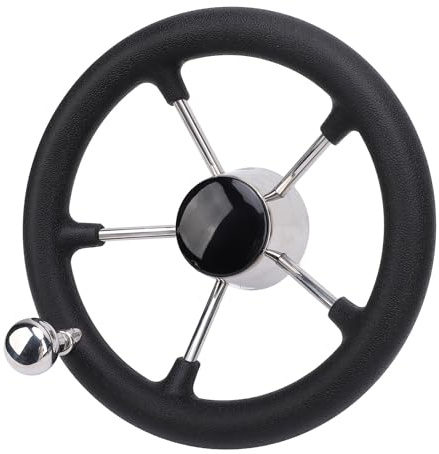 HELEVIA 11in Boot Lenkrad, 5 Speiche 25 Deg 304 Edelstahl mit Drehknopf Schaumstoff Griff Glatte Steuerung, für Boots Yacht
