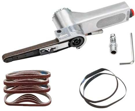 Luftbandschleifer 10mm, Druckluft Bandschleifer 330x10 mm, Pneumatisches Polierwerkzeug Schleifbänder Mini Handbandschleifer mit 25-teiligem Schleifband