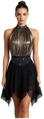 Rswnyirn Damen Lyrisches Tanz Kostüm Ärmellos Tanzkleid Neckholder Eiskunstlauf Kleid mit Strass Tanzkleidng Elegant