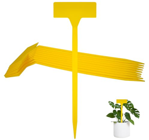 Linkidea 50 etichette in plastica a forma di T per piante con pennarelli, accessori per piante da giardino per esterni, etichette per piantine di ortaggi, cartelli impermeabili per frutteto (giallo)